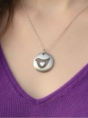 Silver Bird Necklace Dove with Heart Pendant Gunmetal Modern Minimalist